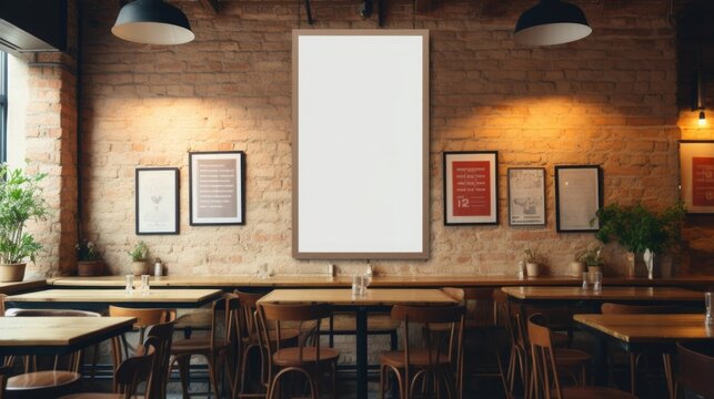 Contemporary Black Brick Pub Or Bar Interior With Blank Billboards On Wall. Mock Up