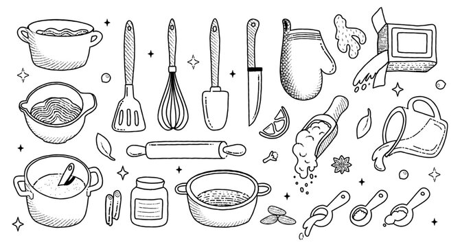 Kitchenware and Cook line ingredients big icon set. Kitchen utensils, cute home menu. Food icons.