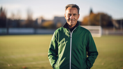 Portrait of a soccer coach, with a soccer field in the background  - obrazy, fototapety, plakaty