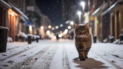 cat in the snow at night in the street 