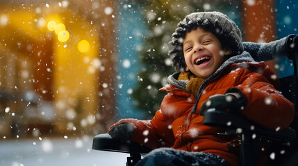 Happy mixed race boy smiling in wheelchair at christmas street under snowfall.