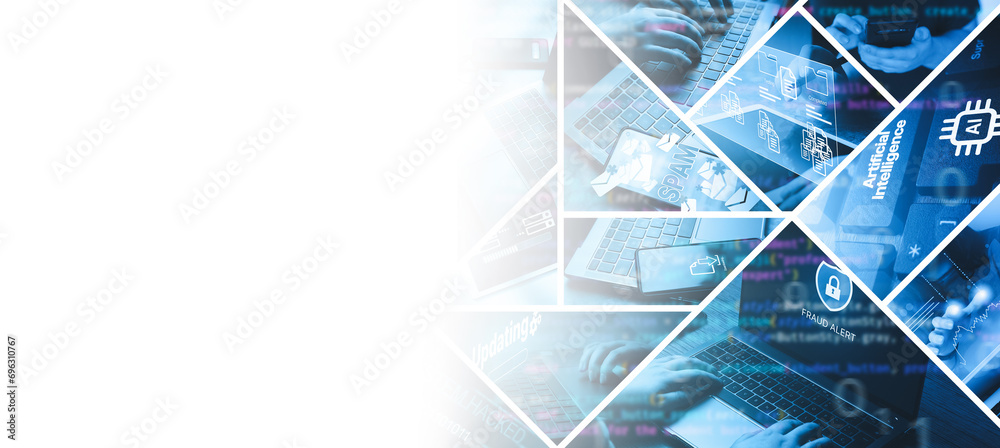 Wall mural digital technology banner with white background for copy space. software development, data analysis,