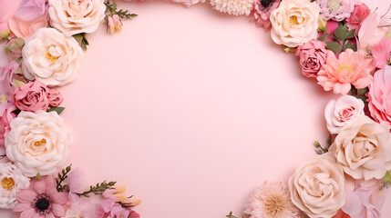 Flowers composition with roses and peonies on flat lay light pink background with copy space
