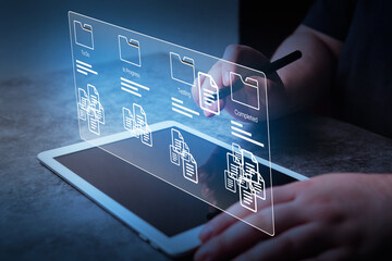 Woman use software for project management on digital tablet with VR interface. Business developer. Futuristic concept tool for fast changes.