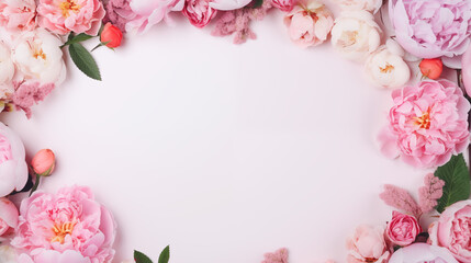 Flowers composition with roses and peonies on flat lay light pink background with copy space - obrazy, fototapety, plakaty