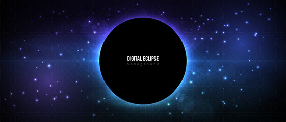 Eclipse tech modern background. Black hole outer space banner. Night starry sky geometrical pattern retro effect. Star light galaxy abstract universe. Dark moon center circle sci-fi background - 696310787