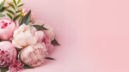 Zelfklevend Fotobehang Pioenrozen Flowers composition with roses and peonies on flat lay light pink background with copy space