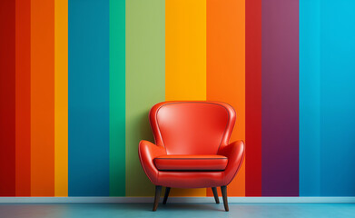 Colorful abstract furniture. Wall in front of colorful stripes, in the style of realistic color palette. Freeform minimalism. Color palette realistic interior.