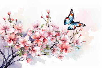 Watercolor butterfly on flowers , Watercolor painting butterfly Floral isolated on vintage white background