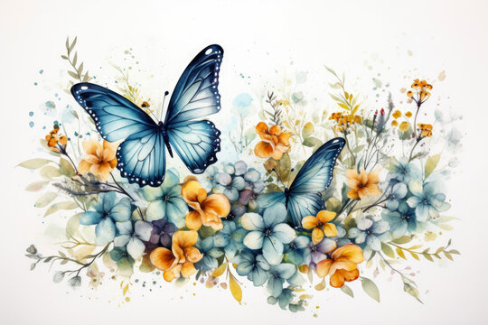 Watercolor butterfly on flowers , Watercolor painting butterfly Floral isolated on vintage white background