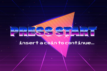 PRESS START INSERT A COIN TO CONTINUE .pixel art .8 bit game.retro game. for game assets in vector illustrations.Retro Futurism Sci-Fi Background. glowing neon grid.and stars from vintage arcade comp