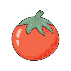 Tomato hand-drawn illustration. Red textured tomato with a green stem. Vector doodle style cartoon illustration. Concept of healthy food, vegan products for recipe book, banner, decoration