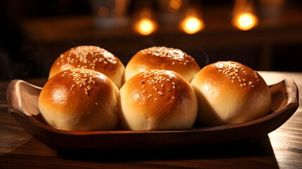 Freshly baked warm buns placed on a wooden bowl