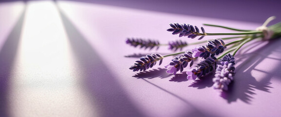 Fragrant lavender flower on the purple floor, purple wallpaper, close-up. Generative Ai