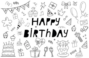 Happy Birthday cute doodle set. Hand draw vector illustration. Lines icons. Handwritten lettering happy birthday.  Cakes, gift boxes, balloons, confetti and party decoration.