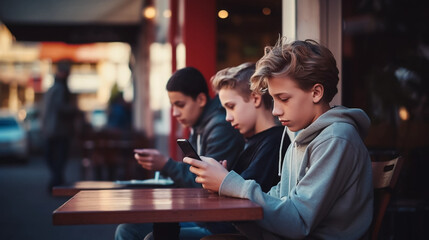 copy space, stockphoto, Tween boy friends texting with smart phones and drinking coffee at cafe table. Young students using smartphone or cellphone. Internet technology - obrazy, fototapety, plakaty