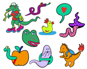 Fototapeta premium set of doodle elements in vector.teenage subcultural objects.image for stickers, print, app, design, web site, label, poster, postcard . Series of teenage icons