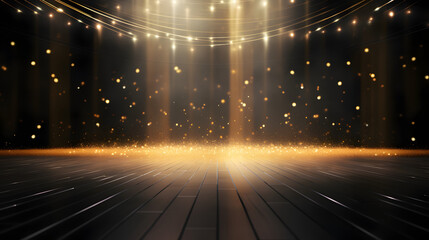 Fototapeta na wymiar Golden confetti rain on festive stage with light
