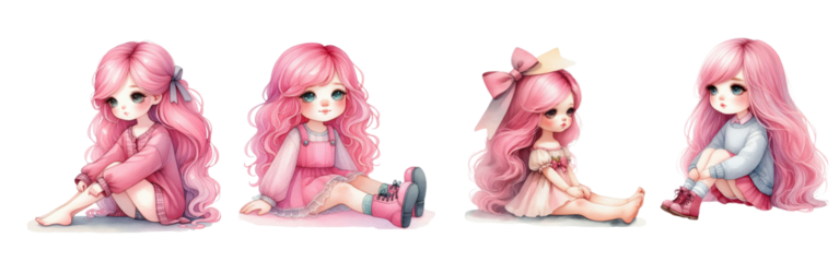 Watercolor girl with pink hair on white background.