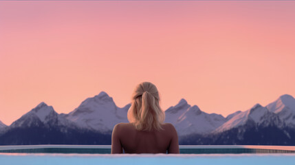 Frau entspannt sich bei Sonnenuntergang mit Bergblick, Generative AI