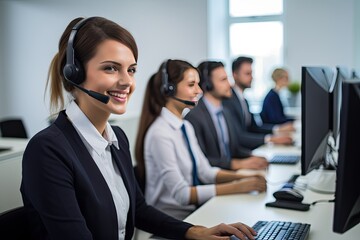  Tech Support Delight - Portrait of a cheerful female call center agent with a headset, exuding positivity and readiness to provide top-notch technical assistance.