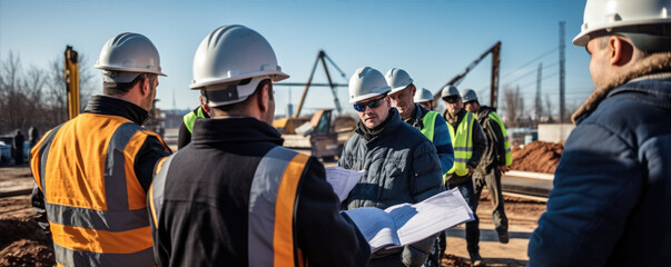 Professional engineers discussing about blueprints and effectivity at construction site