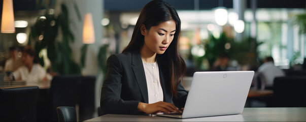 Asian woman using laptop in modern office interiors.