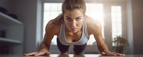 Beautiful athletic woman in top crouches sport at home.