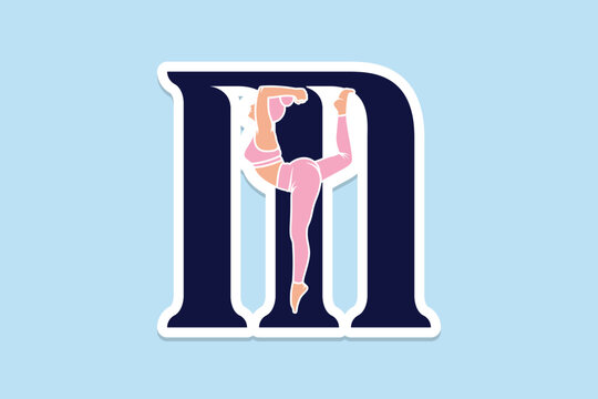 Sports yoga women in letter M Sticker design vector illustration. Alphabet letter icon concept. Sports young women doing yoga exercises with letter M sticker design logo icons.