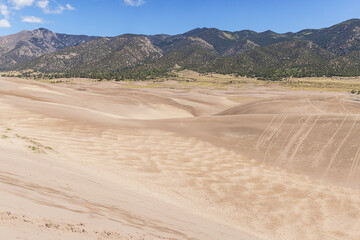 Medano Creek and traces of sand boarding in  the Great Sand Dunes National Park