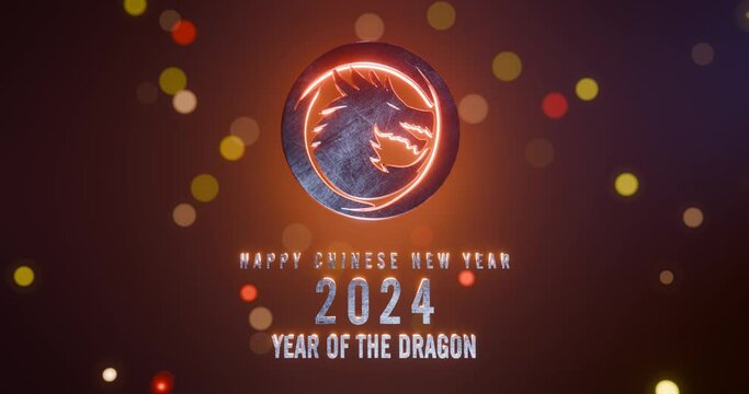 Motion steel dragon emblem on a festive background, soft focus. Asia zodiac symbol of Chinese New Year. 3D render.