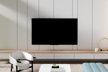 Blank modern flat screen TV hanging on wall in living room, 3d render