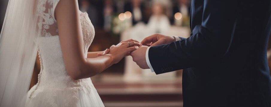 Groom Putting A Ring On Wife Hand At Wedding Day. Life Together Is Better.