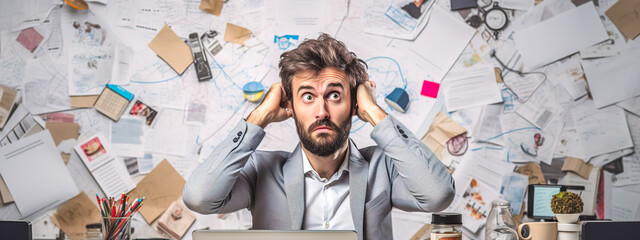 businessman overwhelmed with work, surrounded by a chaotic array of papers and office supplies, capturing the stress of a hectic work environment. - obrazy, fototapety, plakaty