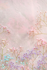 Delicate branches with small multi-colored gypsorphila flowers on a delicate pink background with a putty effect. Floral background.
