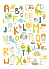 Cute english alphabet for kids with doodle pictures. Abc learning decorative poster for nursery wall.