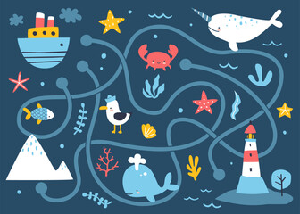 Mini marine labyrinth game for children. Doodle maze with sea animals and steamship for kids.