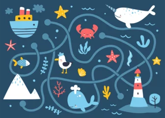 Crédence de cuisine en verre imprimé Vie marine Mini marine labyrinth game for children. Doodle maze with sea animals and steamship for kids.