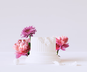 A destroyed column surrounded by beautiful peony flowers. 3d rendering object placement template, cosmetic product display empty scene.