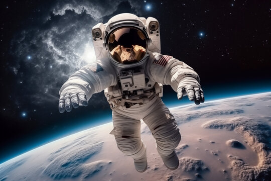 Cosmonaut explorer floating in open space with planet earth in the background