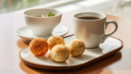 Small Brazilian cheese bread balls and coffee on the table