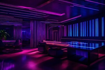 neon color computerized luxurious door with interior design for the table and hacker chair with...