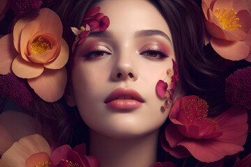 Portrait of a beautiful woman with pastel orange and red flowers around her face. Surreal and elegant blooming beauty aesthetic.