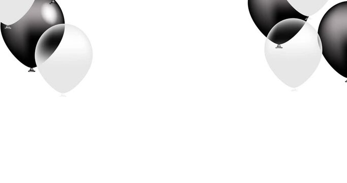 black and white flying balloons and falling streamer, festive 4K animation	