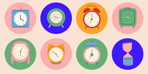 Different types of watches in trendy style. Clock icons set. Fashionable hand-drawn style.Print, poster, banner.Vector