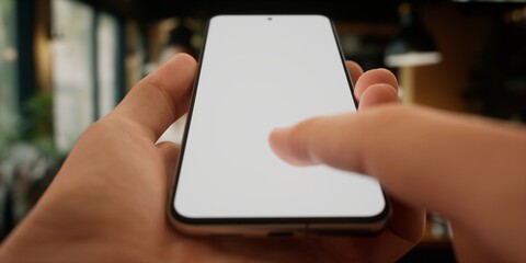 Man using his smartphone in the cafe. Online banking, card wallet application 