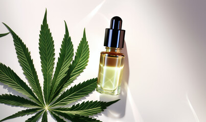 CBD oil bottle among cannabis leaves. Mockup design for medical CBD treatment oil of hemp seeds, THC tincture product