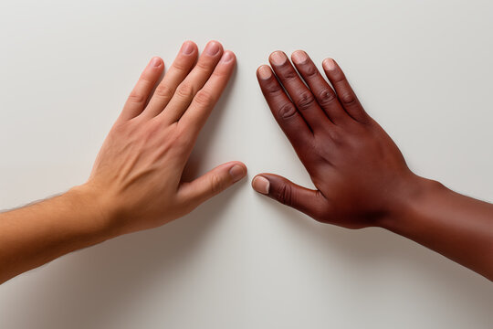 two multiracial palms of hands, concept of equality and tolerance