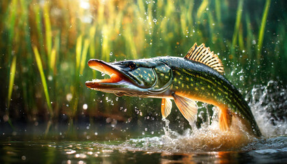 Extreme close-up of a beautiful pike fish jumping out of the water of a river or lake among the green reeds plant. Action shot with splashes and water drops. Generative Ai. - obrazy, fototapety, plakaty