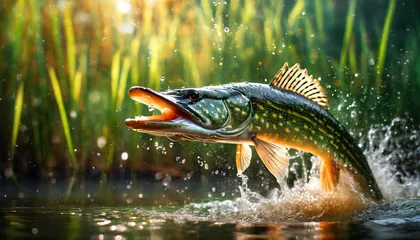 Foto op Canvas Extreme close-up of a beautiful pike fish jumping out of the water of a river or lake among the green reeds plant. Action shot with splashes and water drops. Generative Ai. © Alberto Masnovo